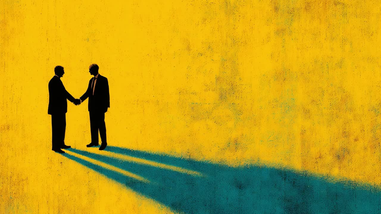Two Businessmen Engaged in a Firm Handshake, Highlighting the Essence of Professional Agreements and Trust, Set Against a Striking Yellow Backdrop with Long Shadows Portraying Their Cooperation