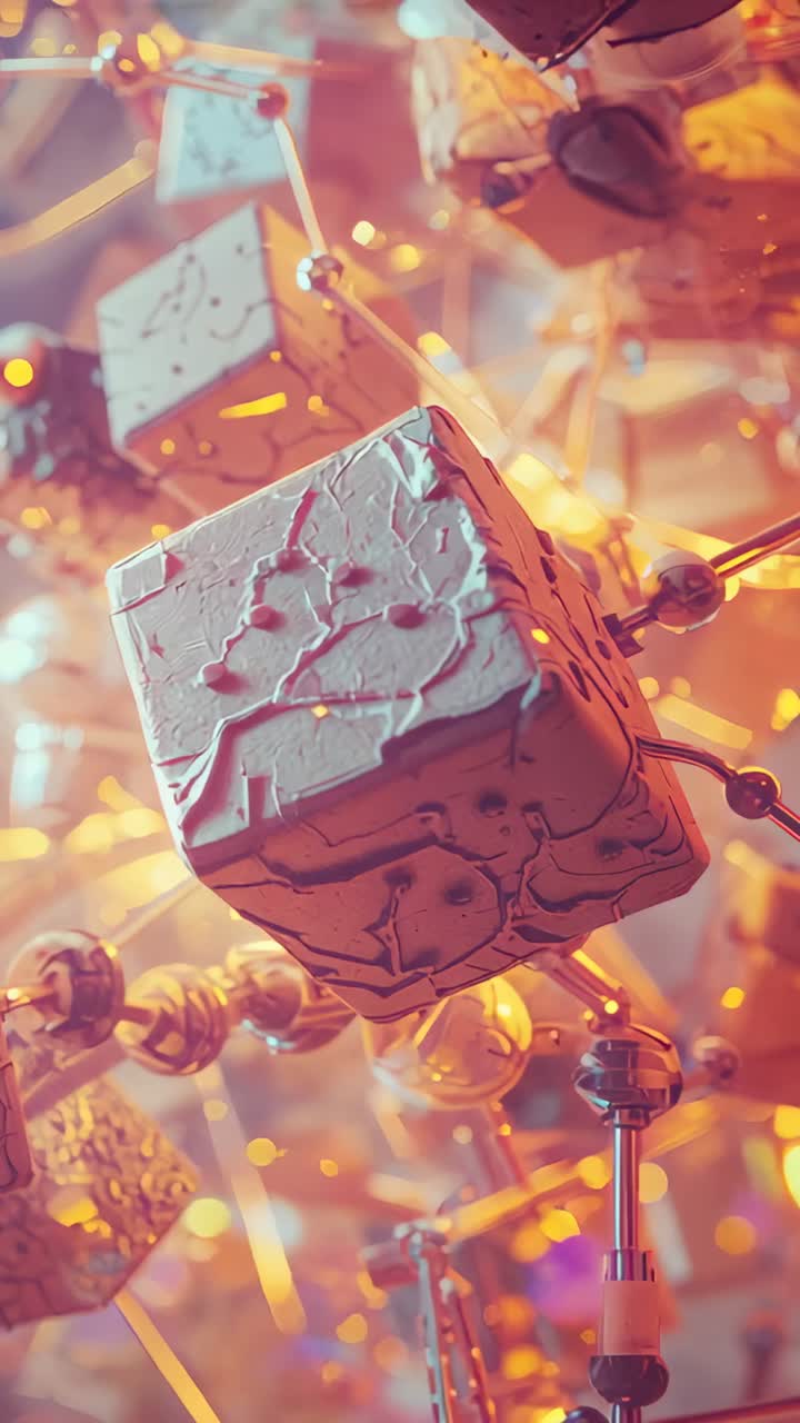 Vertical video: Textured cube rotating in amber network, with rods, cubes and pulsing light orbs