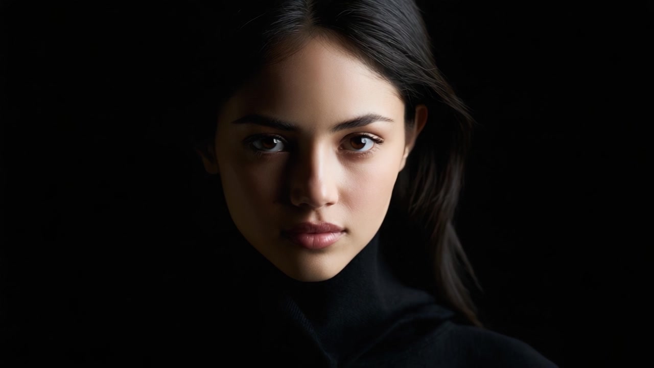 A mesmerizing portrait of a young woman featuring a soft expression illuminated against a dark background, highlighting her striking features and captivating gaze.