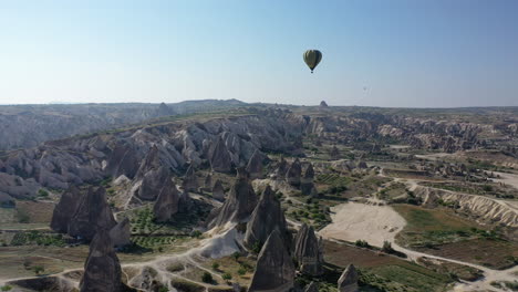 epic cinematic drone shot following a hot air balloon floating over cappadocia, turkey