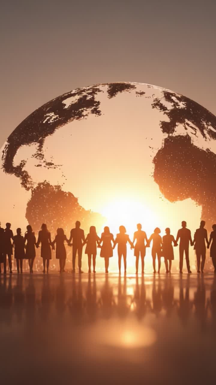 A Diverse Group of People Holding Hands Silhouetted Against a Glowing Earth at Sunrise, Symbolizing Unity, Hope, and Global Cooperation for a Better Future