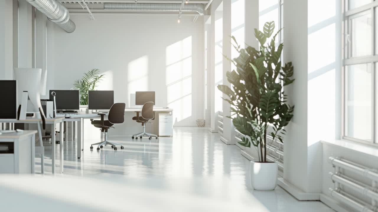 Ufficio luminoso e moderno con inquadratura dal basso, perfetto come sfondo per un video aziendale.