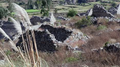 antiguas ruinas de piedra de uyo uyo, peru con hierba soplando en primer plano