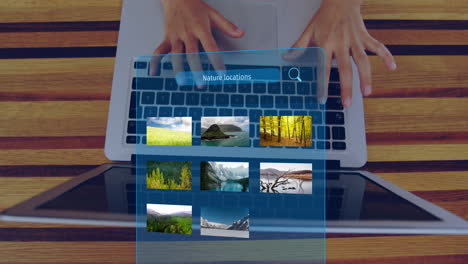 animación de la interfaz con ubicaciones de la naturaleza texto y paisajes sobre las manos usando computadora portátil