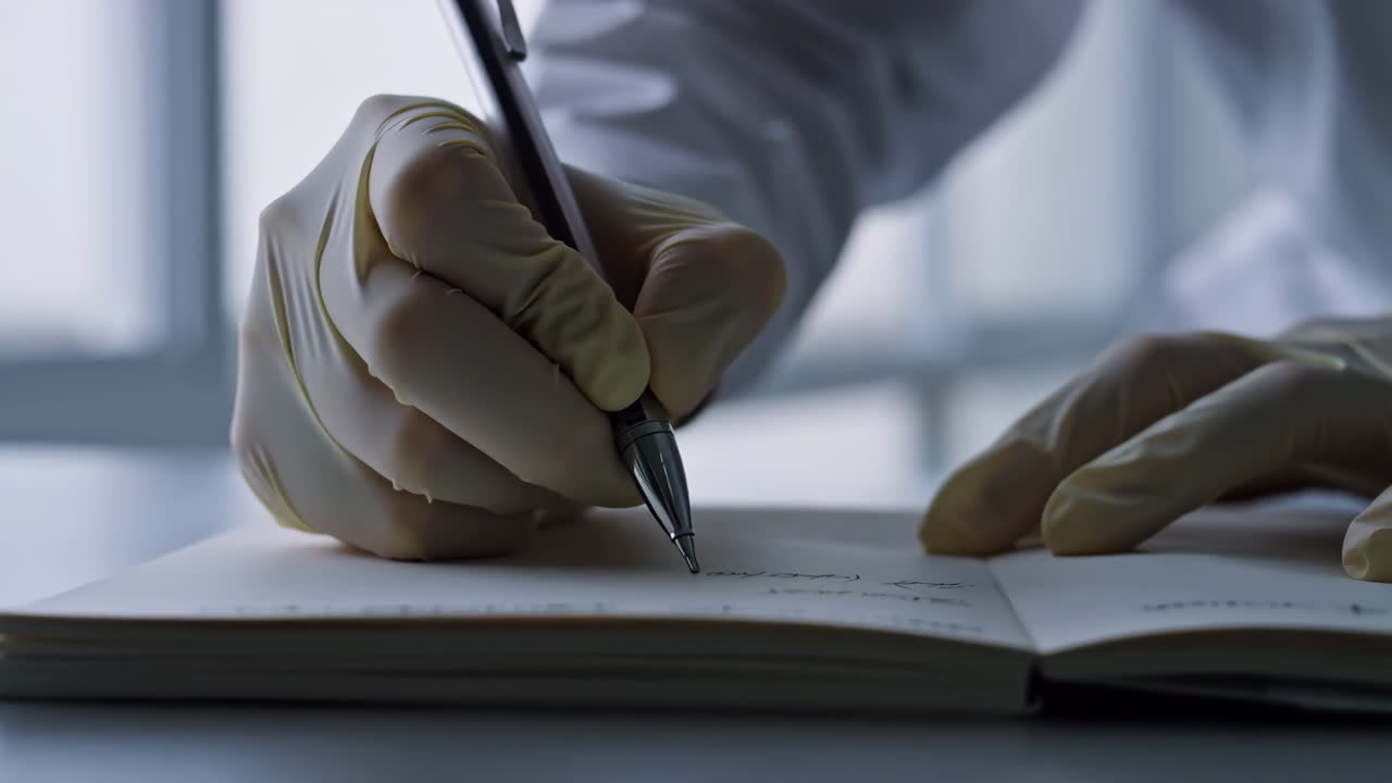 A gloved hand writing in a notebook with a pen