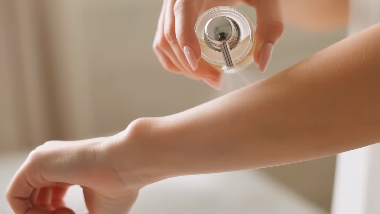 Person spraying perfume or fragrance on their arm