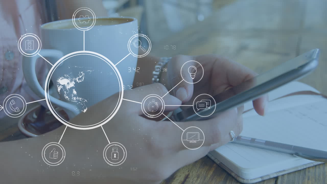 스마트폰을 사용하는 여성에 대한 아이콘과 연결 네트워크의 애니메이션