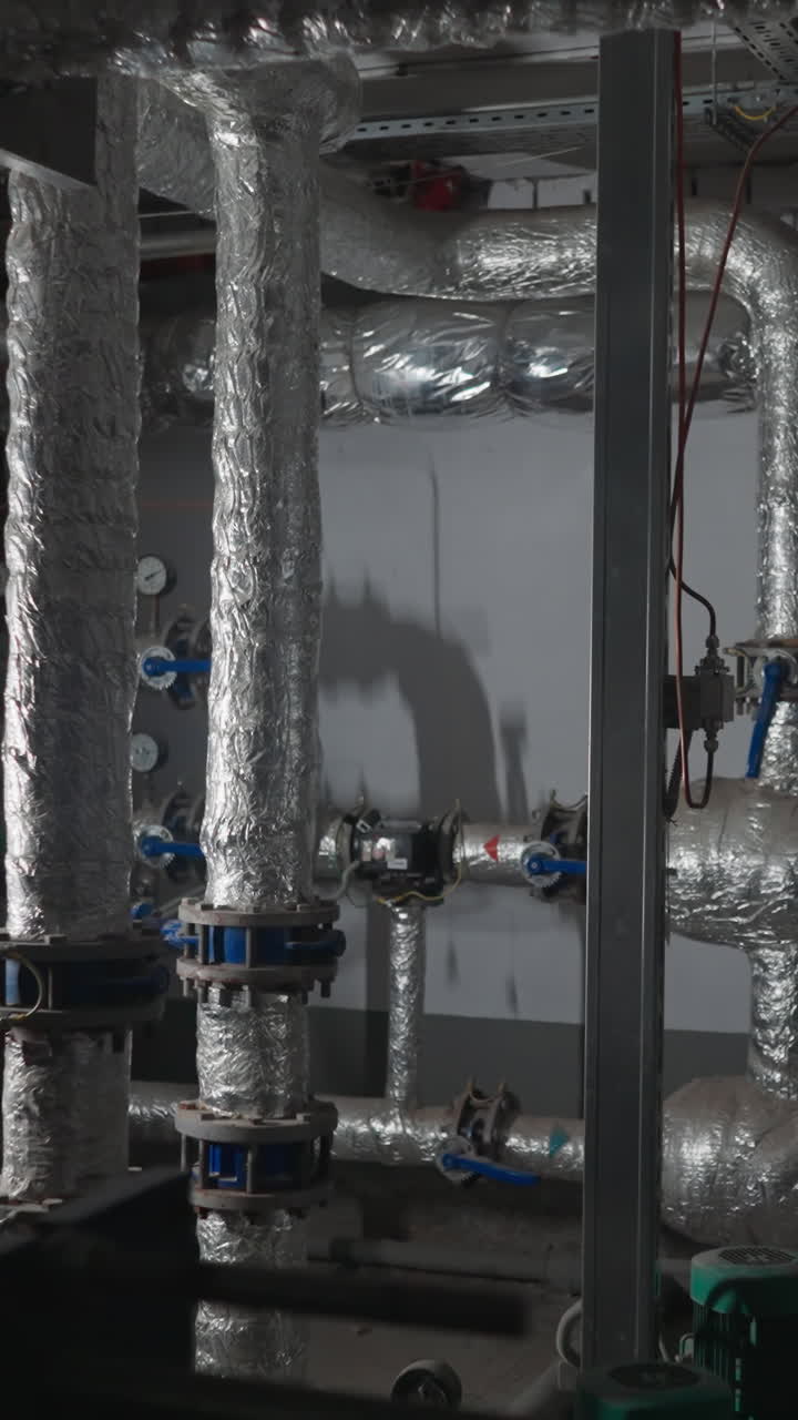 Hot steam transporting pipes with thermal insulation and valves in mechanical room. Central heating system in contemporary apartment building