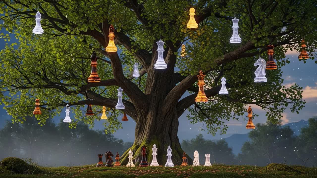 A Mystical Chess Scene Beneath a Majestic Tree, Featuring Enchanted Chess Pieces Hanging from Branches Against a Serene Background