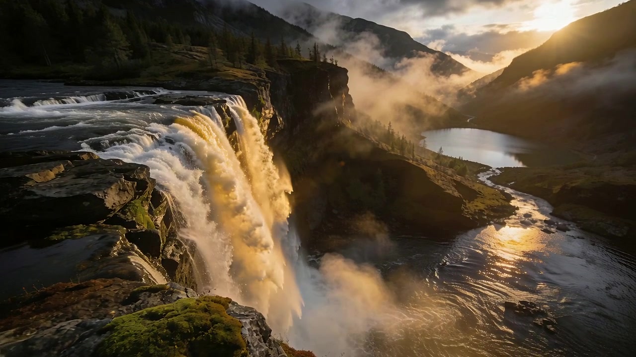Telecamera in panning che avvicina una cascata impetuosa in una valle di montagna, mostrando la nebbia che sale