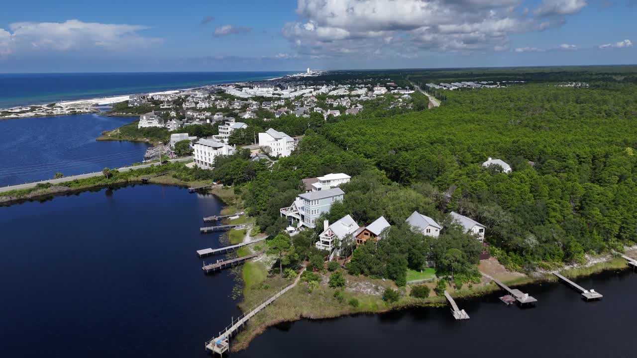 Panoramic drone fly over the luxury residential houses at Camp Creek Lake with County Rd 30A highway, 30A, Florida, USA