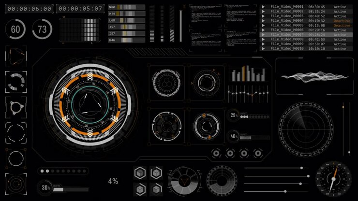 Motion graphic of Head up display ( HUD UI ) technology interface screen with futuristic elements graph and chat panel abstract background alpha channel included