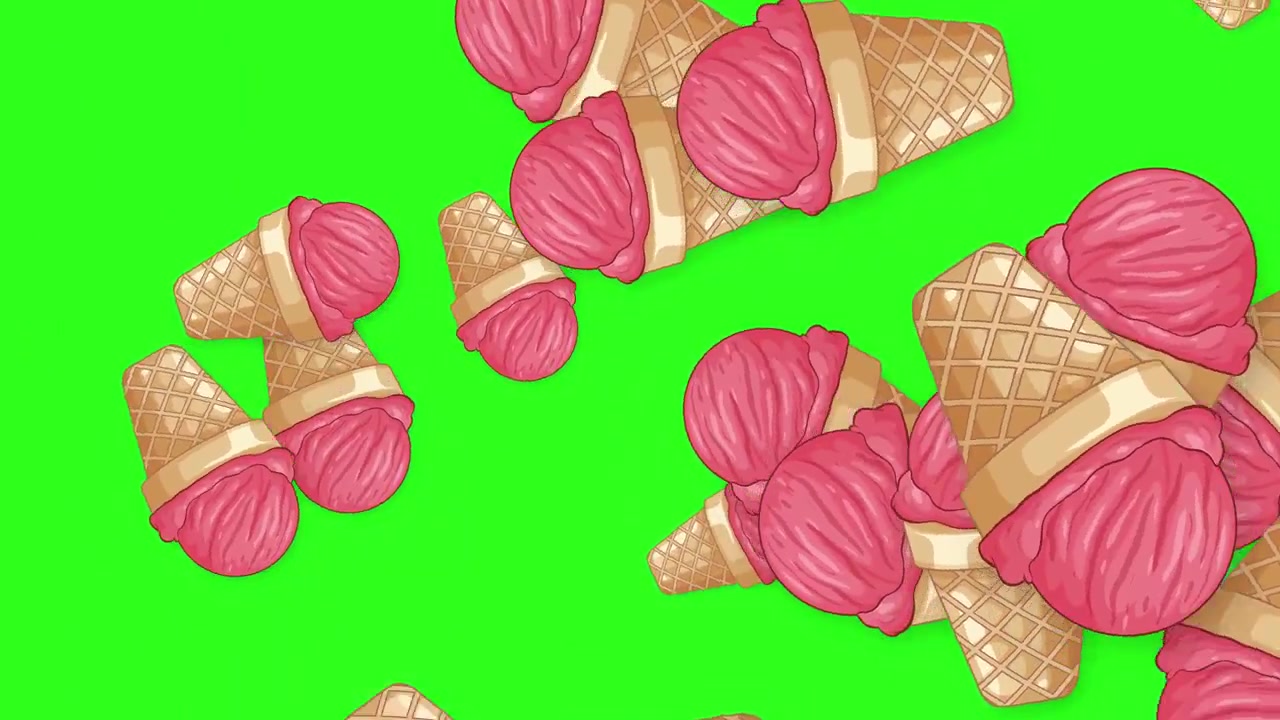 Cones de sorvete de morango de desenho animado caem e quicam em um fundo de tela verde brilhante
