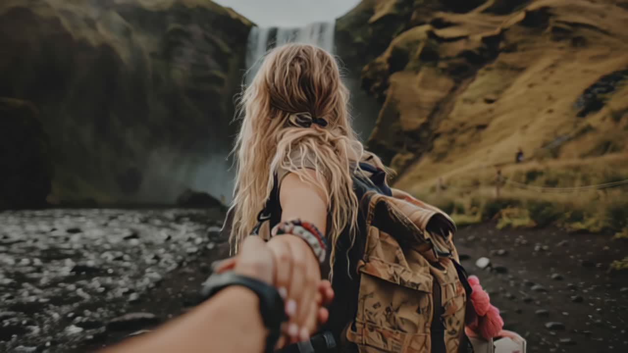 Rückansicht einer jungen Frau mit Rucksack, die die Hand eines Partners hält, während sie auf einen mächtigen Wasserfall in einem zerklüfteten Tal zugeht, Abenteuerreisen und Outdoor-Lifestyle.