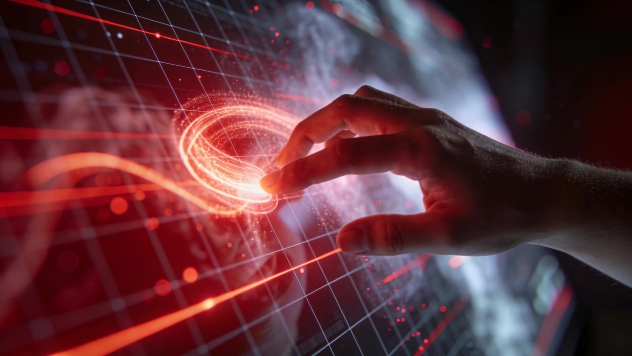 Aproximando-se da linha vermelha, mão pinçando traçando um círculo em um display holográfico, gerando um laço vermelho