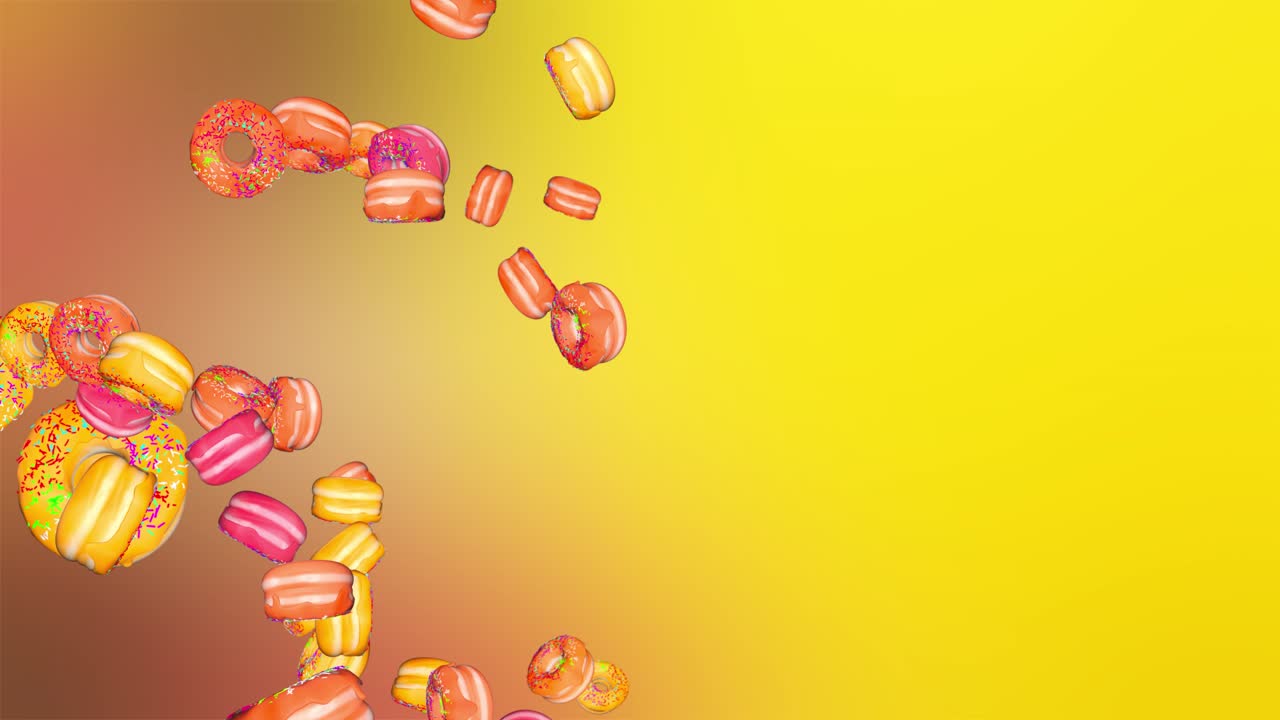 3d video of glazed donuts motion design falling desserts delicious snack sweete tasty donut backdrop