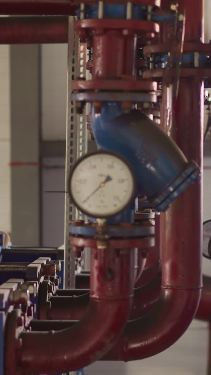 Metal pipes with manometers and powerful pumps in mechanical room. Heat generating system installed in modern building basement. Temperature adjustment