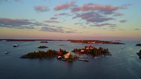 aerial orbital shot of the small baltic islands off the coast of helsinki, finland