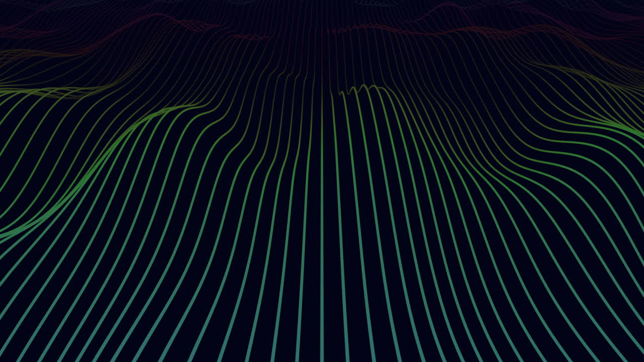 Abstract digital of a futuristic neon grid landscape with flowing curved lines on a dark background, ideal for technology presentations, music visuals, motion backgrounds and modern design projects
