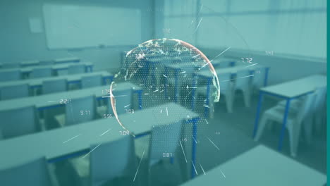 digital globe and data points animation over empty classroom with desks and chairs