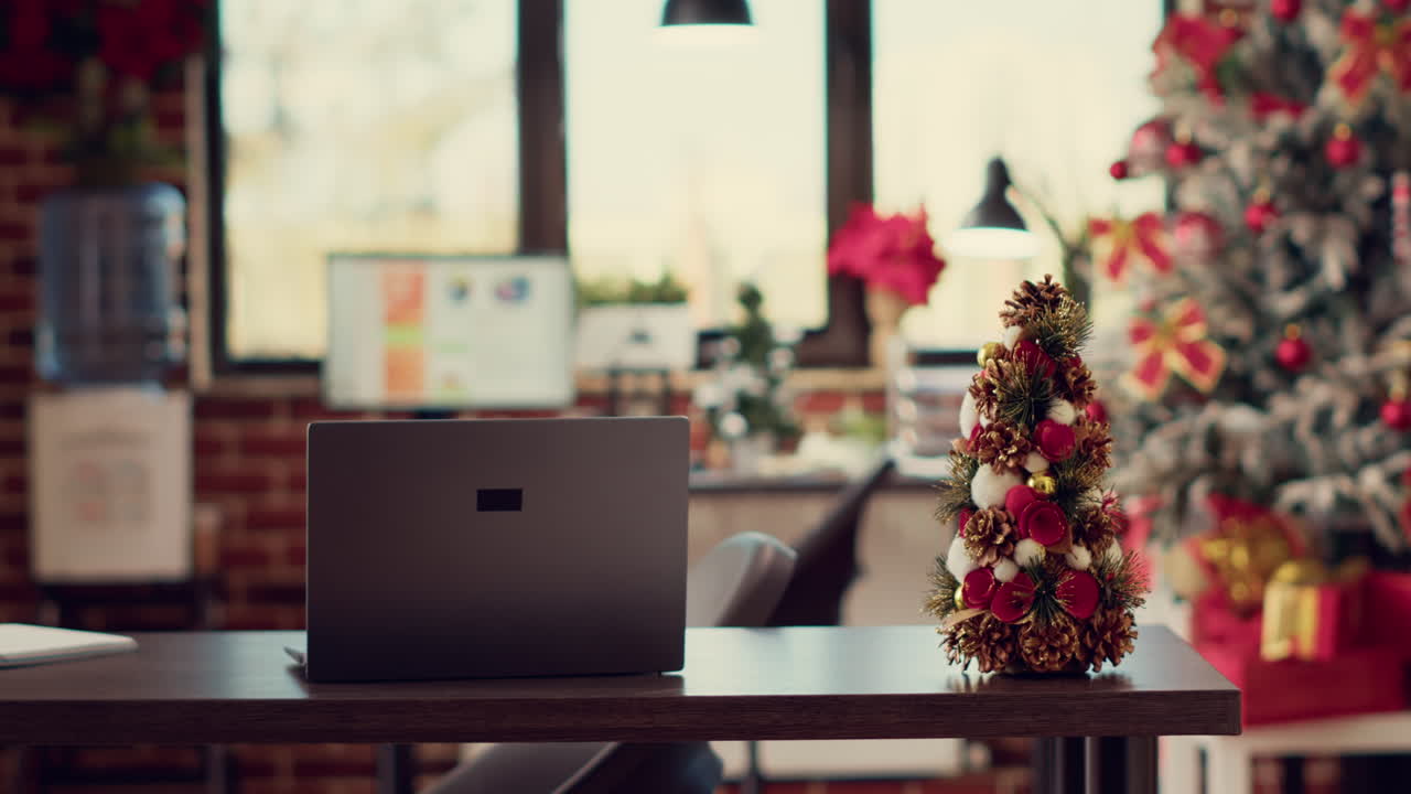 Empty startup office decorated with xmas ornaments
