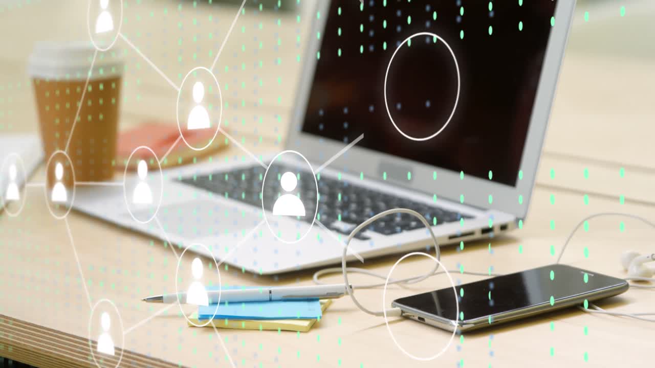 Animation of icons, connections and data processing over electronic devices in office