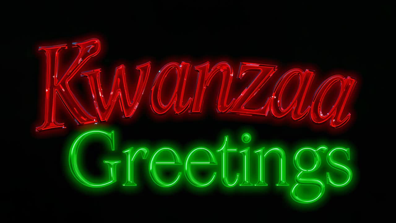 Looping neon text Kwanzaa over Greetings on black backdrop emitting halo and sparkling as greeting