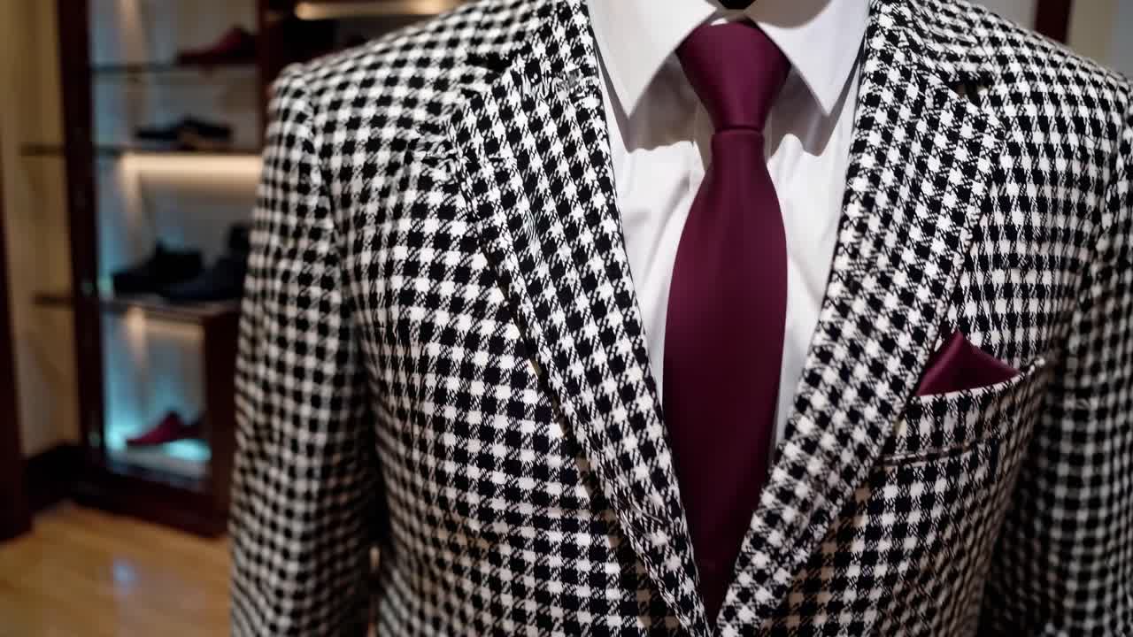 Manichino in un abito pied de poule con cravatta bordeaux in un negozio elegante.