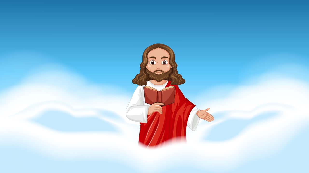 figura animada que se eleva a través de un cielo nublado.