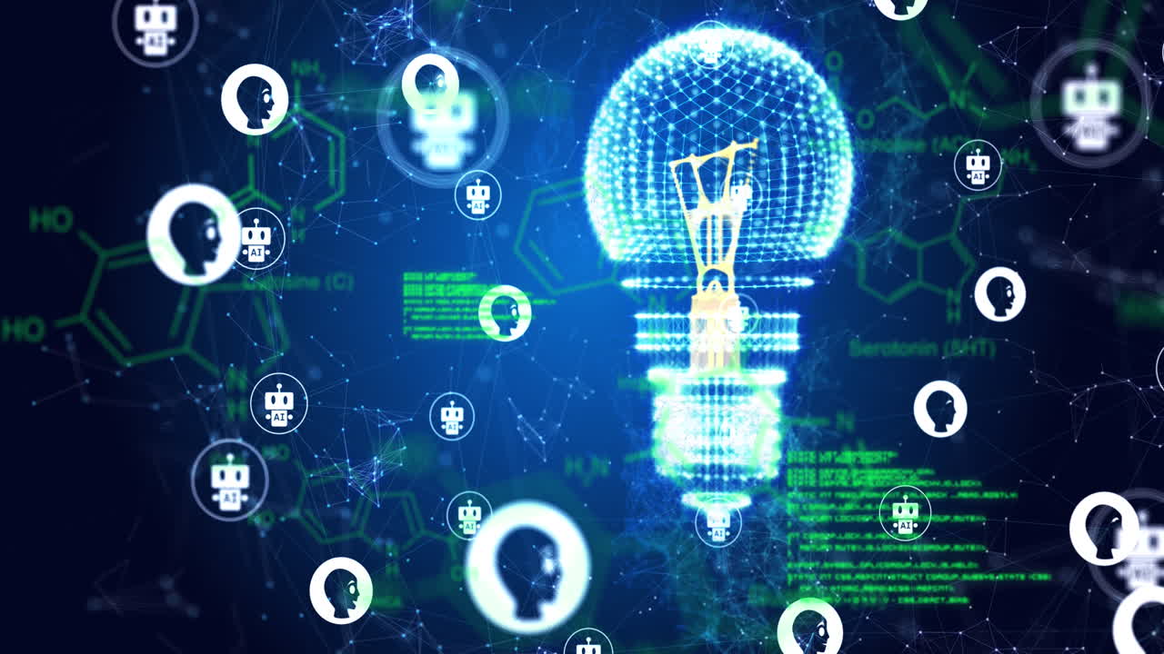 Animation of light bulb, ai icons and data processing