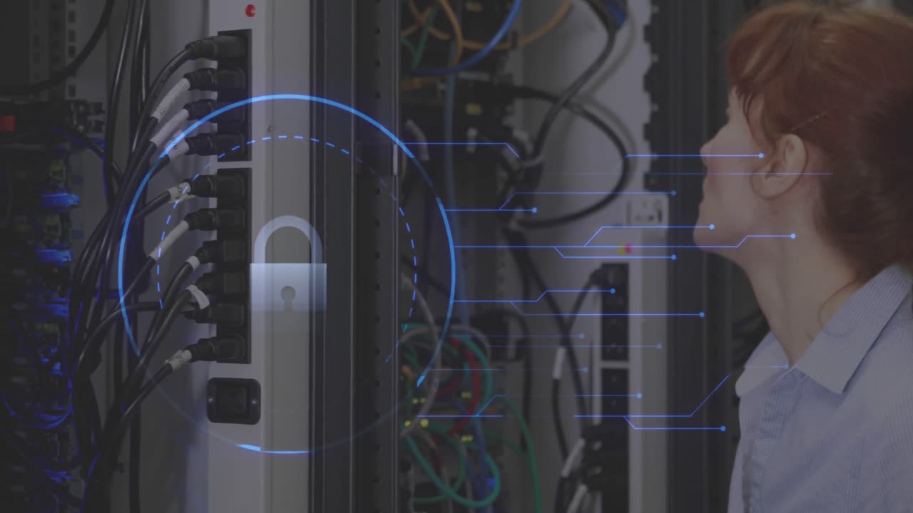 interfaz de seguridad cibernética contra la mujer chequeando servidor de computadora