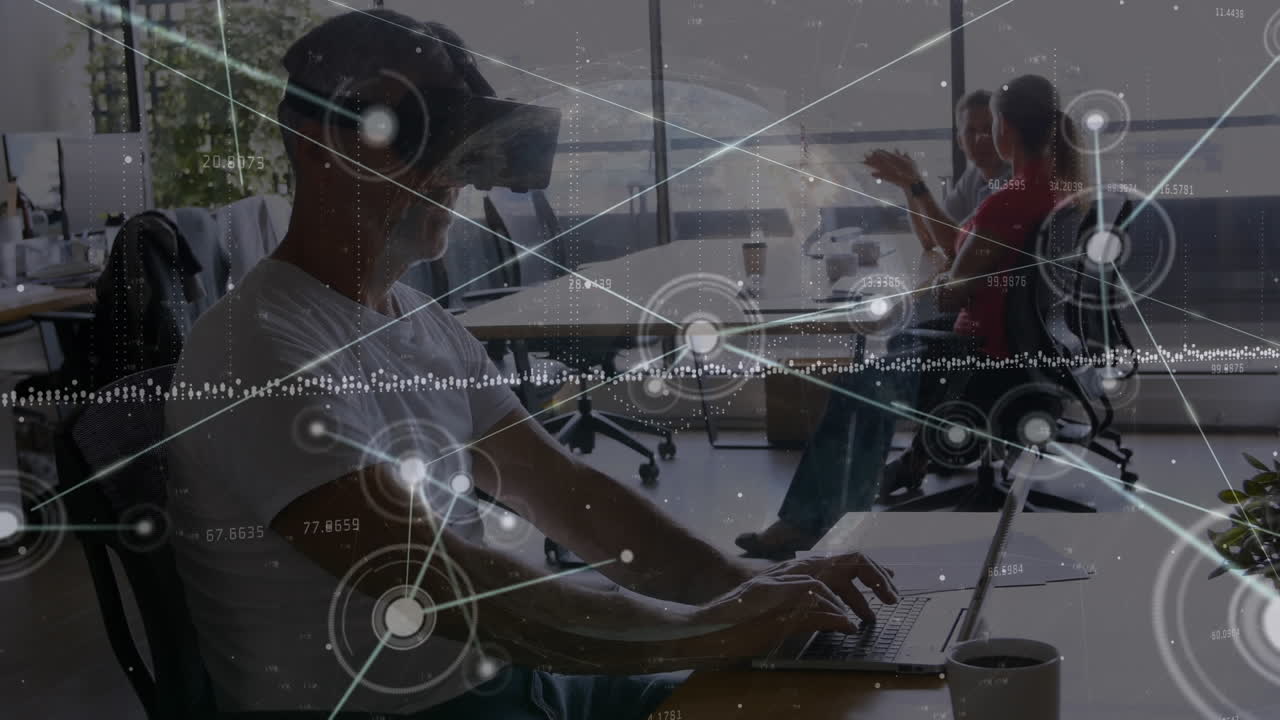 Animation of network of connections over biracial businessman using vr headset in office