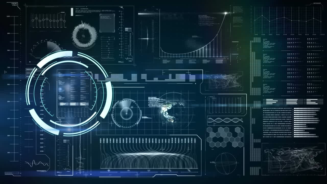 Animation of scope scanning and data processing on blue background