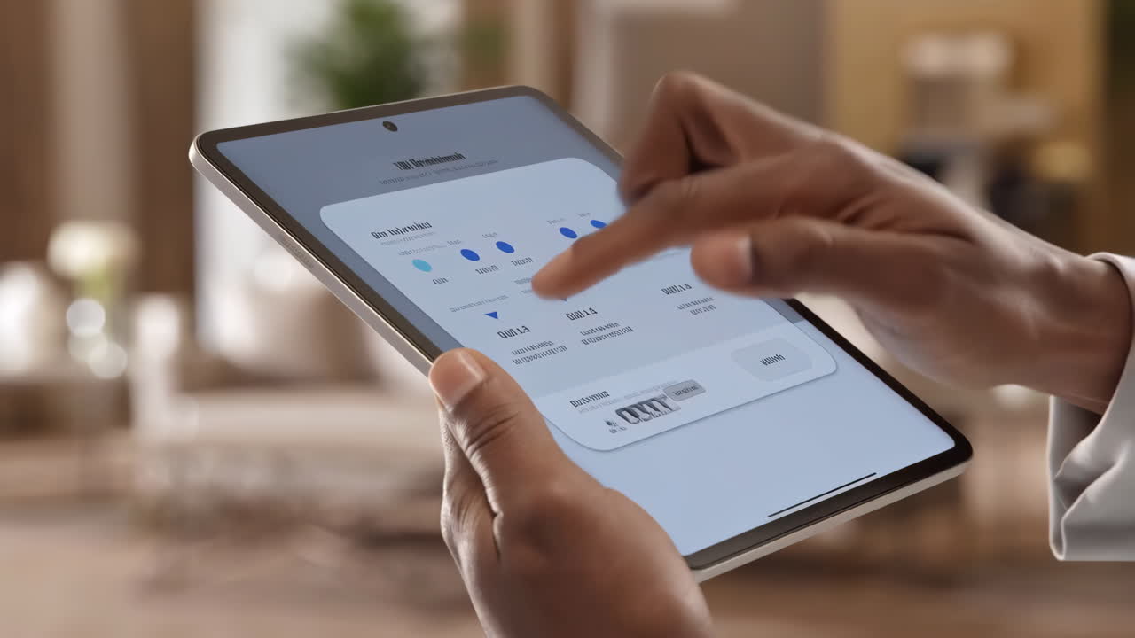 Close-up of hands interacting with a digital tablet displaying an application