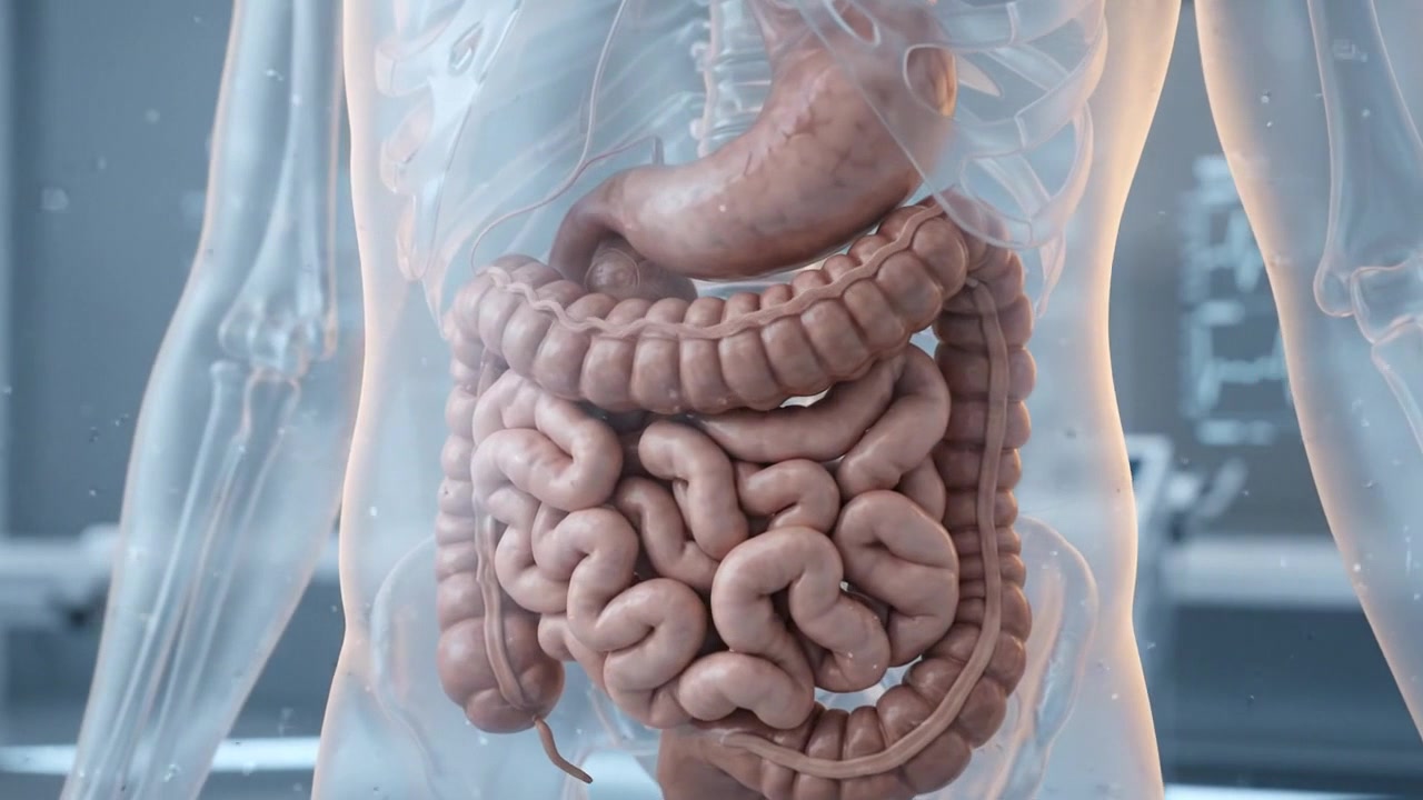 Transparent standing human body with detailed intestines visible in clinical room