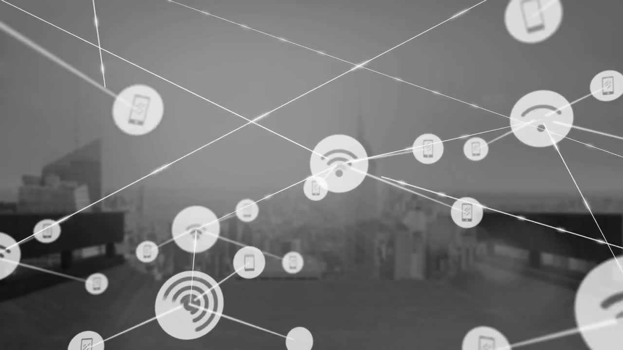 animación de iconos de wifi y teléfono conectados con líneas sobre rascacielos modernos contra un cielo nublado.