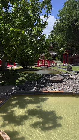 japanese garden with red bridge
