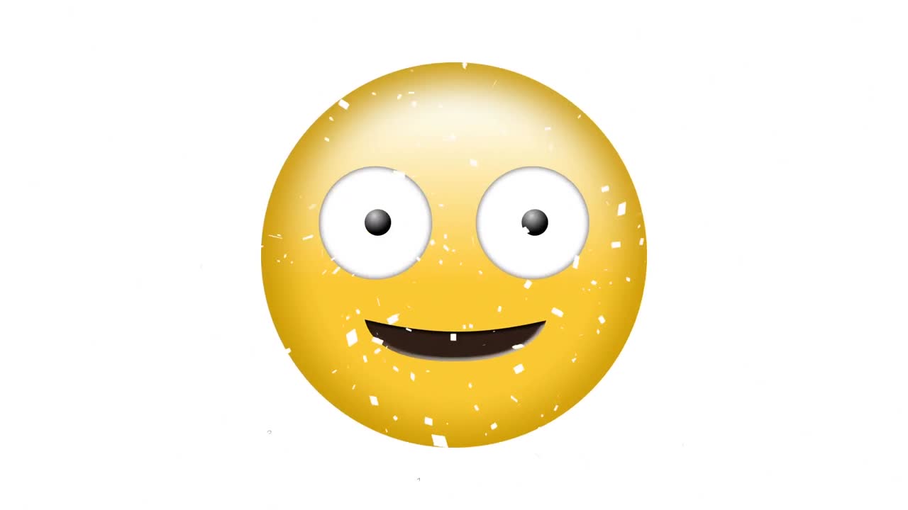 animación del icono de emoji feliz sobre el confeti que cae sobre un fondo blanco