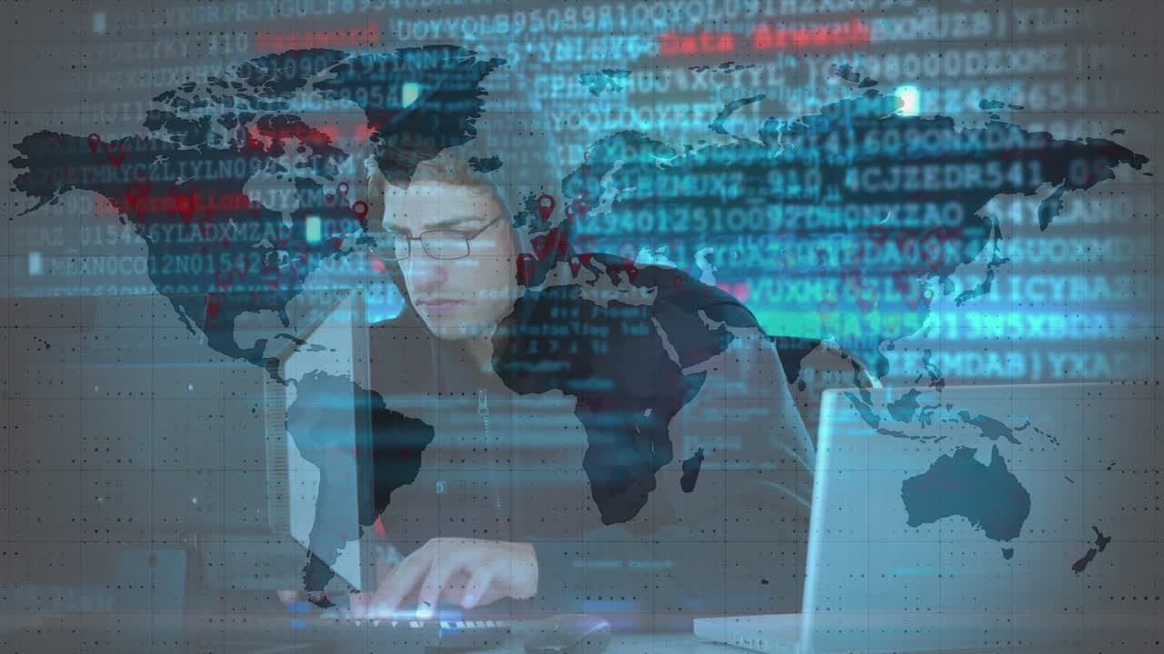 animación del procesamiento de datos sobre un hacker con una computadora portátil