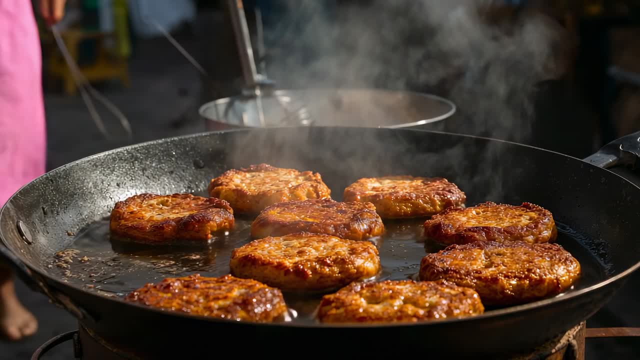 Searing heat from portable burner browning nine patties in large pan at market, vendor in pink