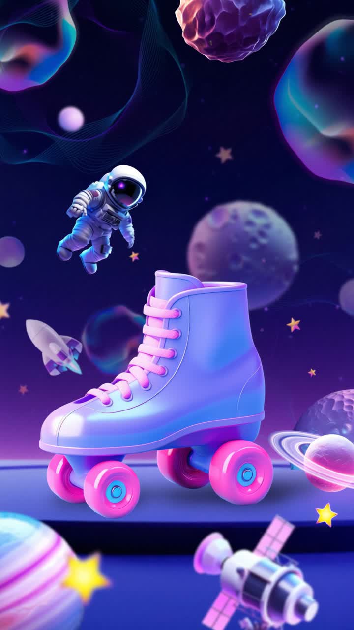 A vibrant, low-angle video concept featuring a roller skate in a cosmic scene with planets