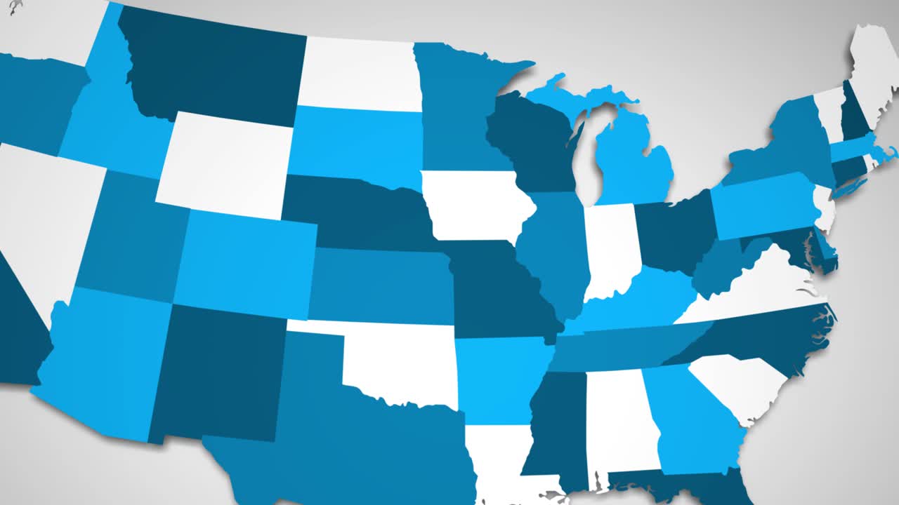 전체 미국 지도를 공개하기 전에 미국 서부의 모션 그래픽 애니메이션