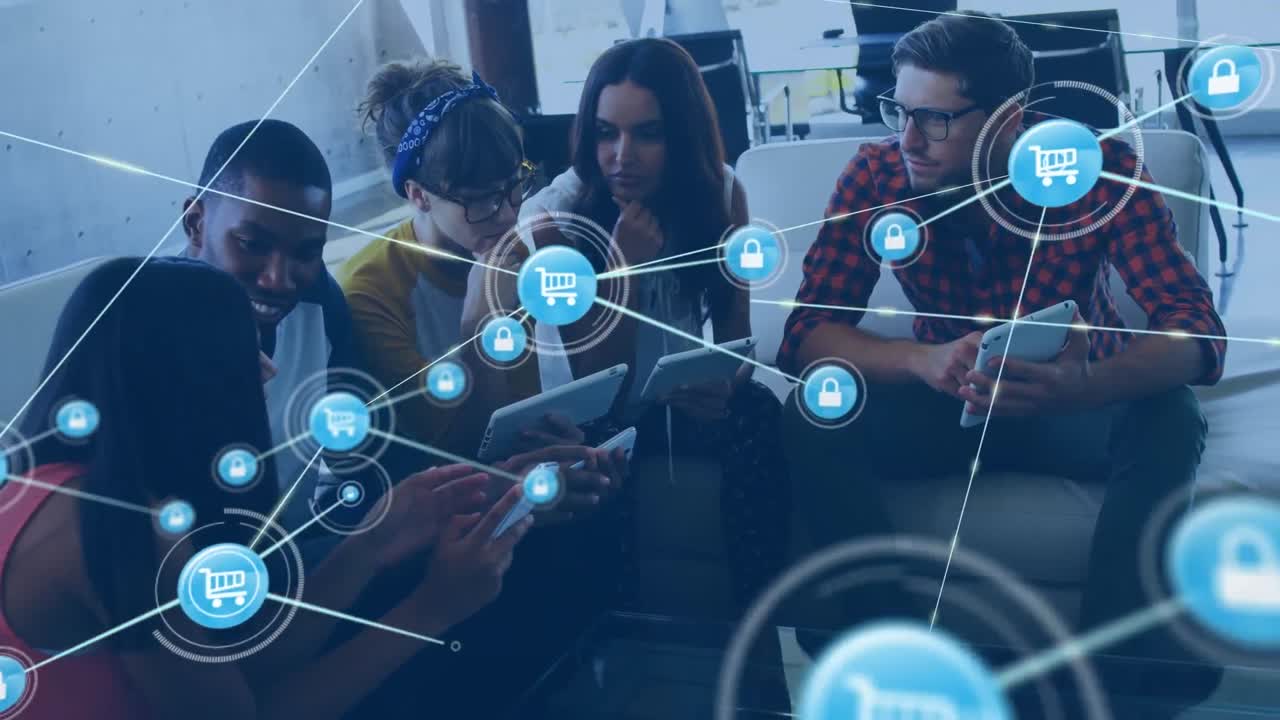 animación de la red de conexiones con iconos sobre diversas personas de negocios que usan tabletas