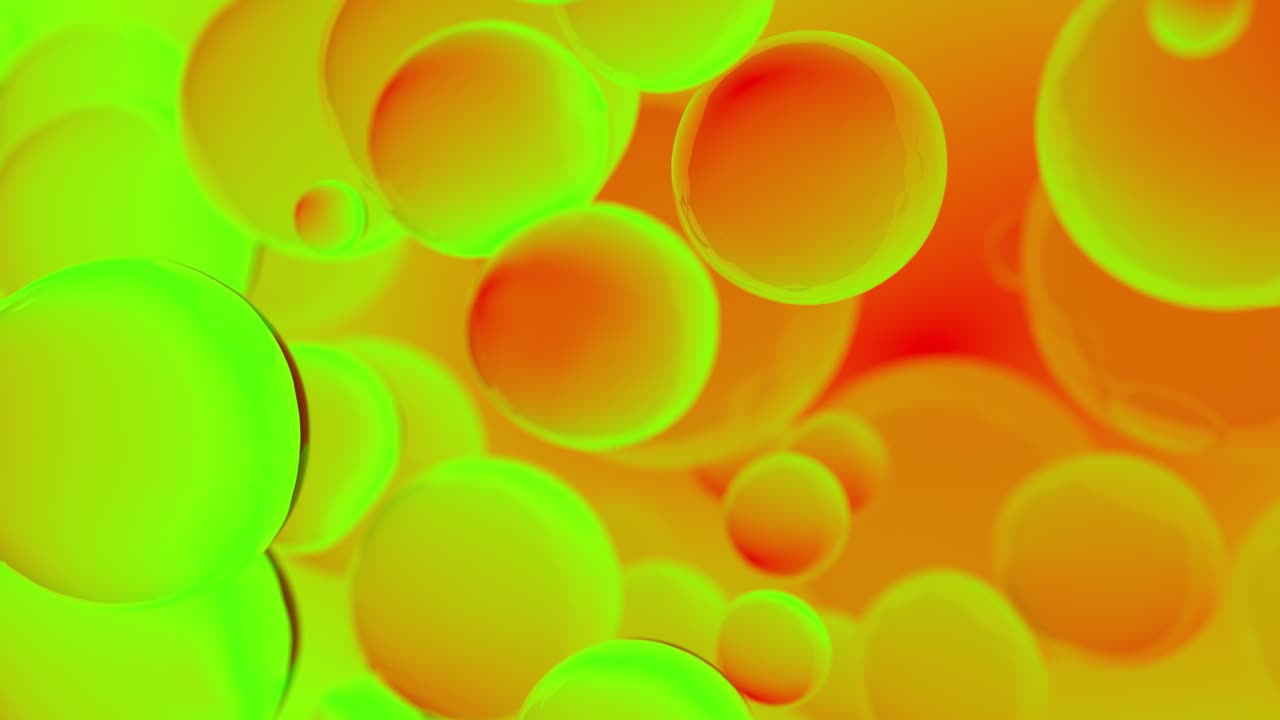 Abstract colorful bubbles. Red and green fluorescent gradient background advertisement. Modern trendy banner or poster design. Dynamic bouncing balls and copy space for text. 3d animation of 4K