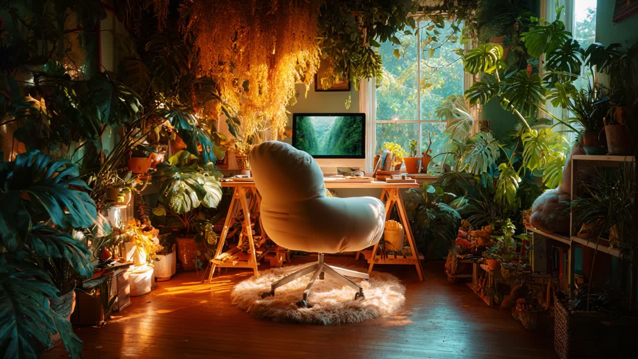 A Cozy, Lush Indoor Workspace Surrounded by Vibrant Greenery: A Serene Home Office Filled with Plants and Natural Light, Perfect for Inspiration and Productivity