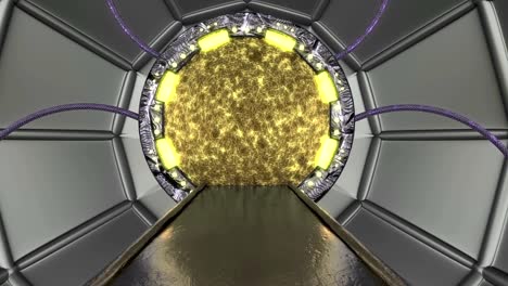 iron rusty hatch opens panoramic view to the spaceship landscape scene. 3d abstract background of sci-fi corridor with portal. futuristic technology abstract vj for tech titles and background.