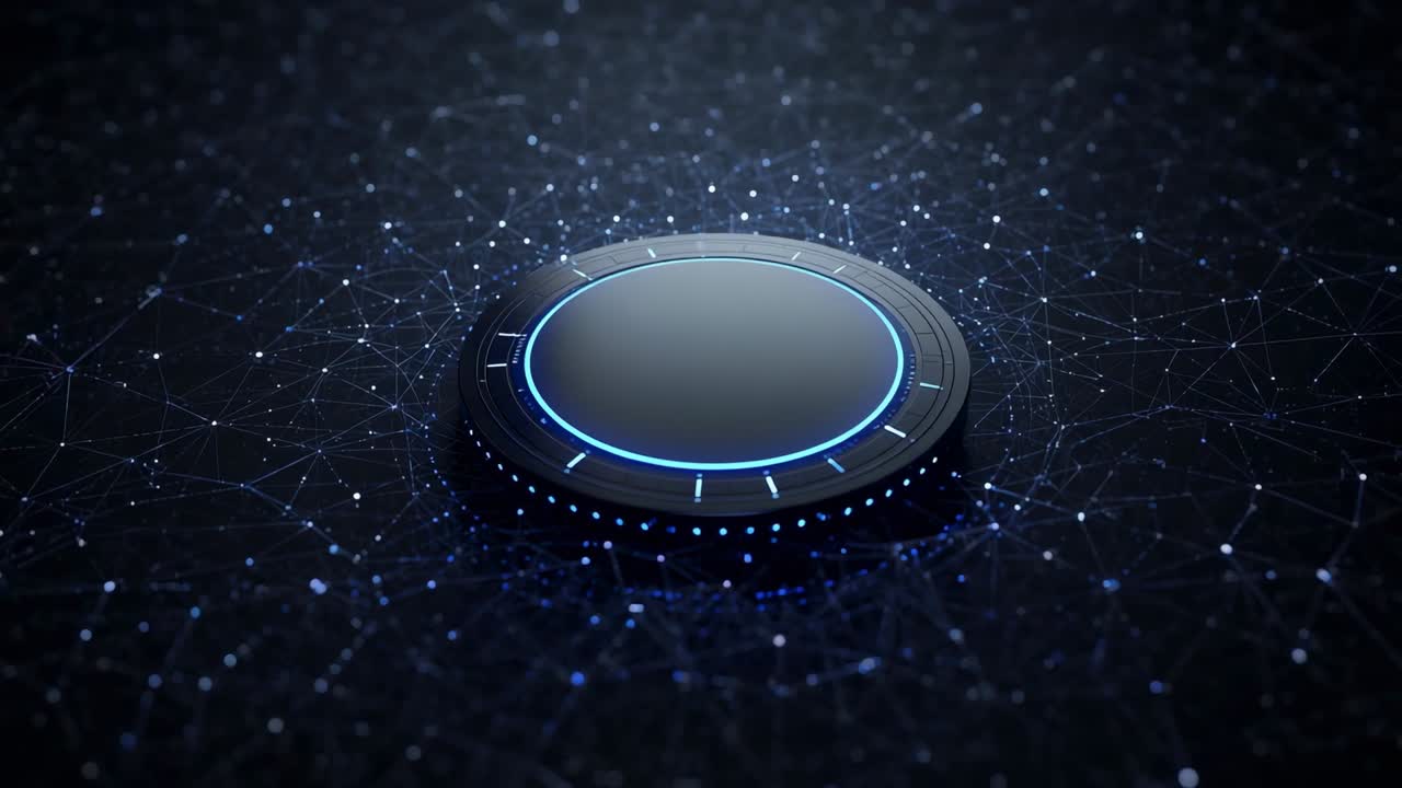 Starting digital grid and initiating pulsating neon-blue knob at center, with drifting data streams