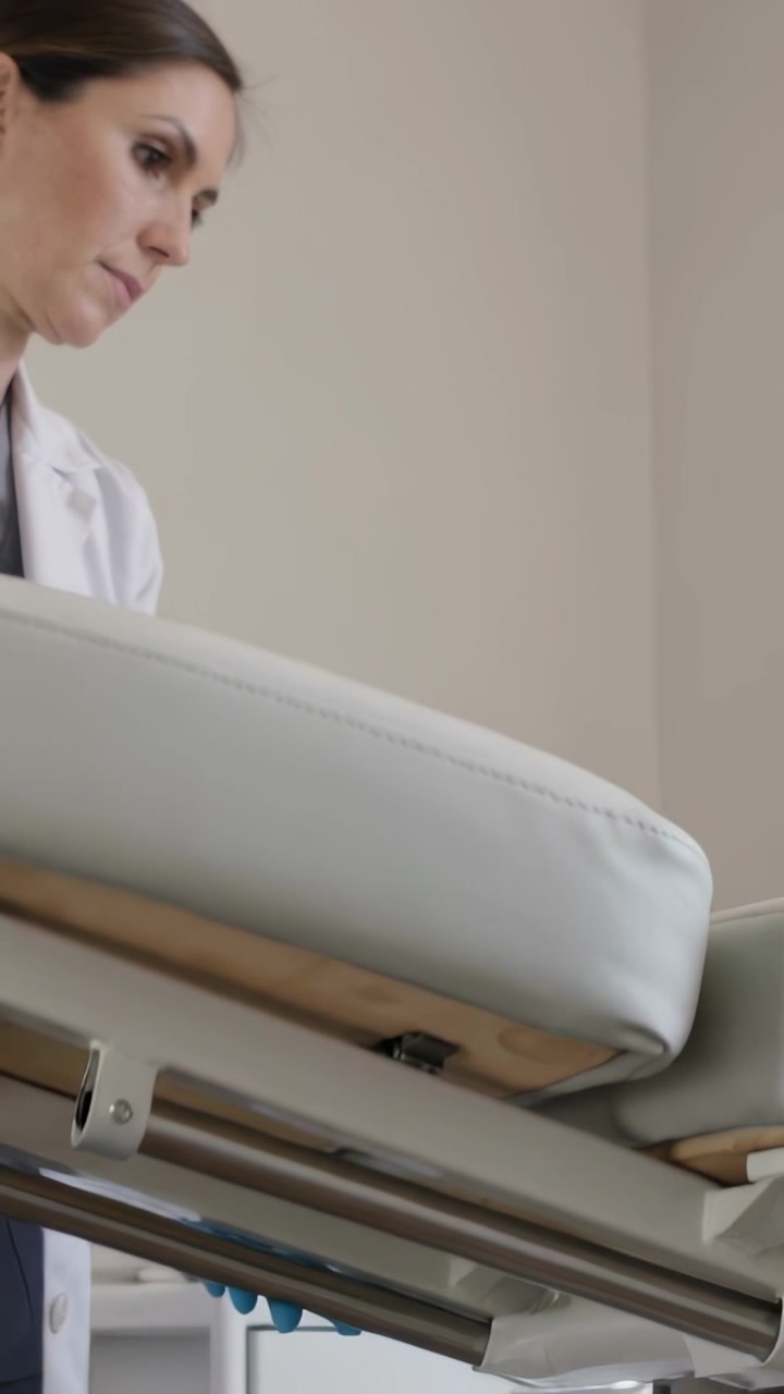 Video verticale: Infermiera che entra in clinica, in camice bianco e guanti, che solleva un lettino da visita controllandone la regolazione, con spazio per il testo.