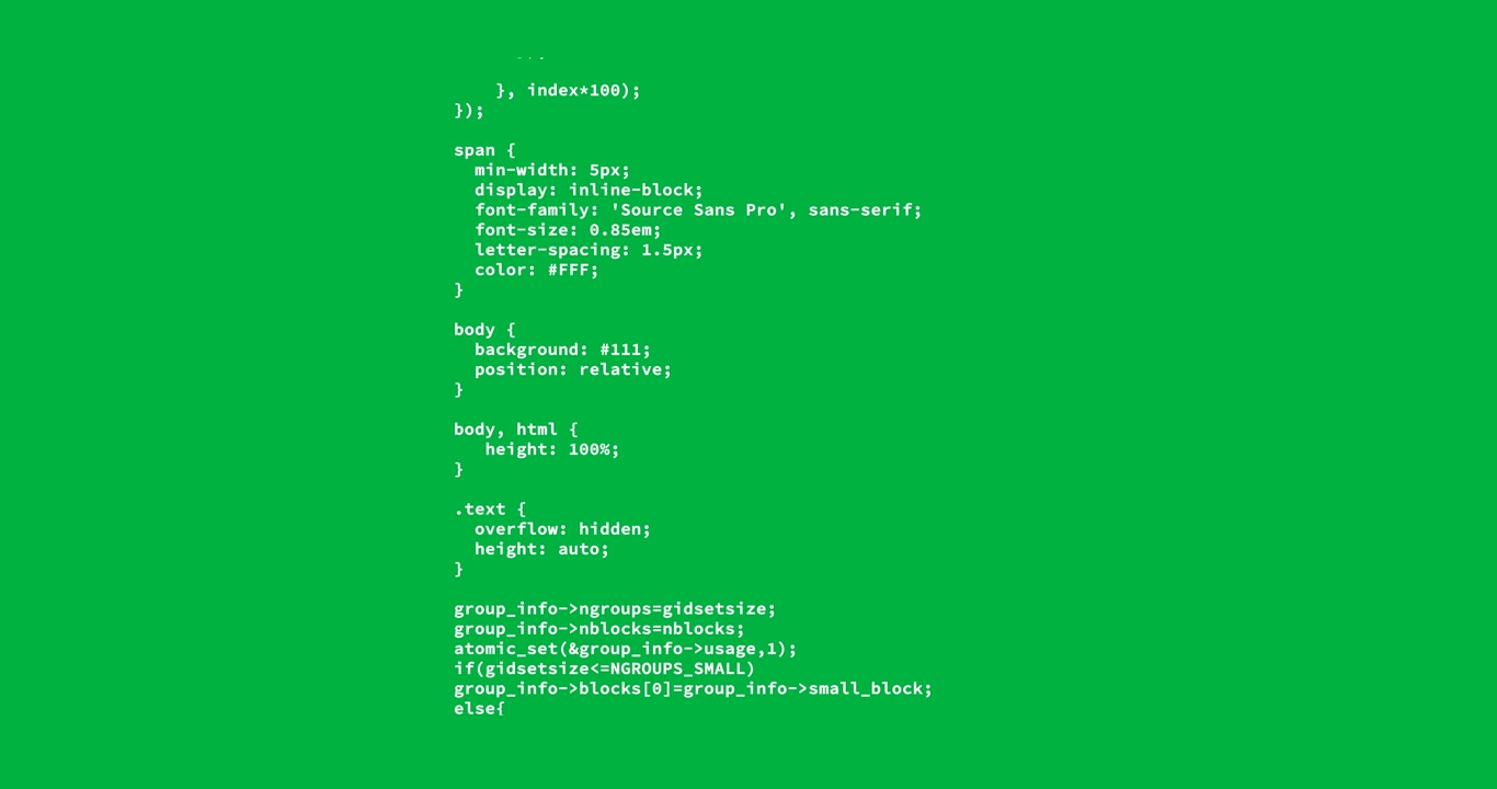 Animation of white computer programming data processing and flickering on black screen