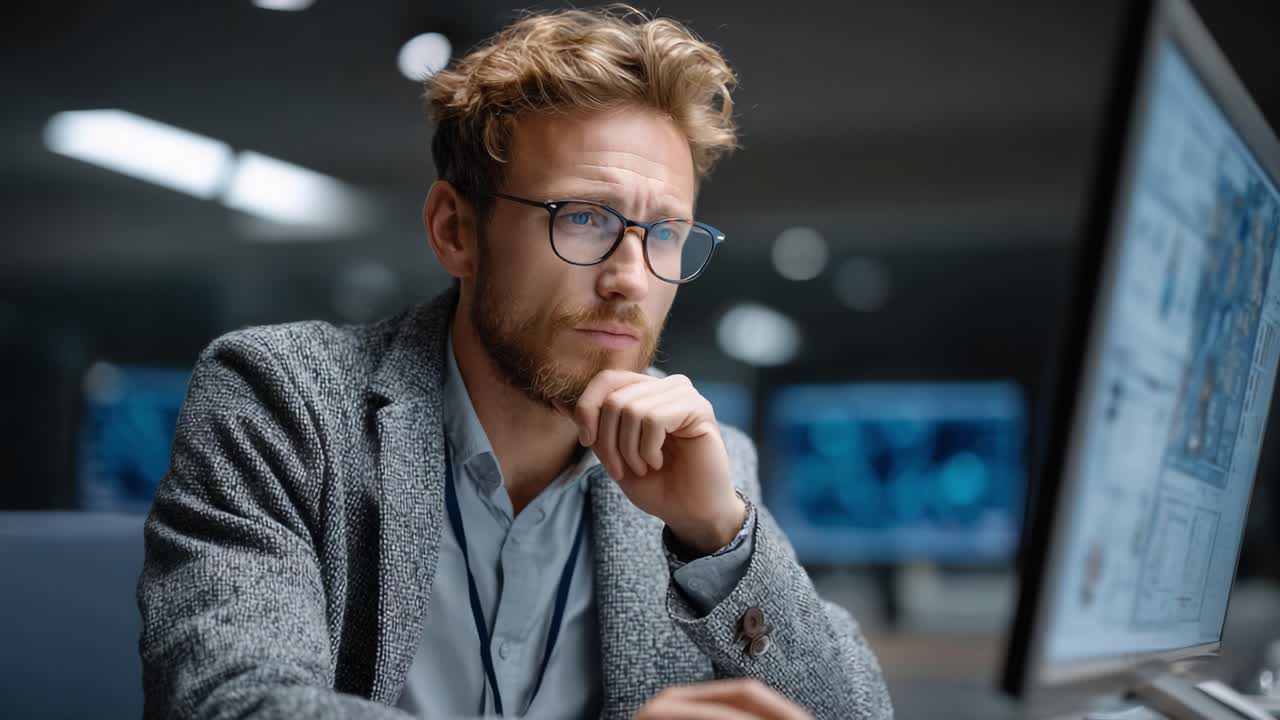 Focused Professional Analyzing Detailed Data on Computer Screen, Highlighting the Importance of Critical Thinking in Modern Workspaces